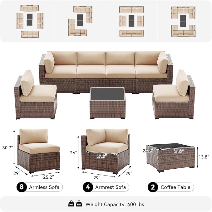 LazySunsets 14-Piece Patio Furniture Set, Wicker Rattan Outdoor Furniture with Thick Cushions, Patio Conversation Sets with Coffee Table, Outdoor Sectional Couch Sofa, Beige