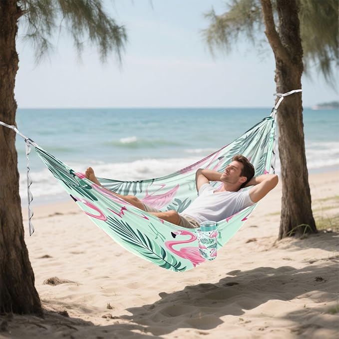 Qilmy Pink Flamingo Pattern Camping Hammock Single – 330 lbs Capacity, Lightweight with Tree Straps & Carabiners, Portable for Hiking, Travel, Backpacking