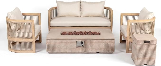 Christopher Knight Home Eden 5 Piece Patio Furniture Set with MGO Fire Pit+Tank Holder, 4-Seater Outdoor Acacia Wood Conversation Set with Cushions and Rectangular Fire Table,Light Teak+Beige+Natural