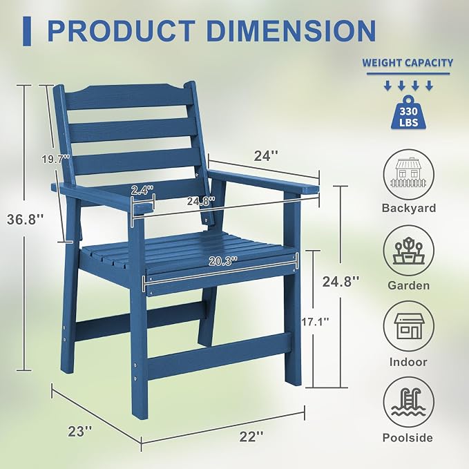 FUNBERRY Outdoor Dining Chair, HDPE All Weather Patio Chair for Outside | Wood-Grain, HDPE All Weather, No Rot or Rust or Crack, UV Fade Shield, 330LBS Weight Capacity, Easy-Clean for Outside