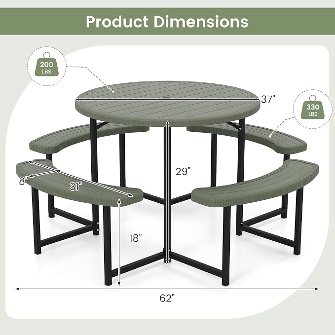 LDAILY Picnic Tables with Benches, Round Picnic Dining Table with 1520 lbs Capacity Metal Frame, HDPE Tabletop & Umbrella Hole, 8-Person Plastic Picnic Tables for Outdoors, Patio, Lawn, Yard (Green)