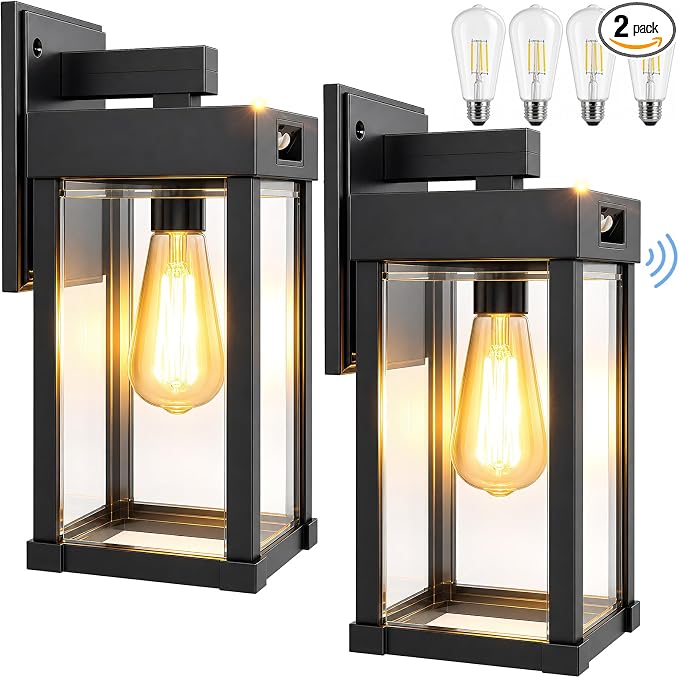 Solar Wall Lights Outdoor, Solar Sconce Lantern with 3 Lighting Modes | Motion Sensor, Porch Light Fixture Outside Waterproof with Clear Panel for Garage Yard Front Door Shed (2 Pack)