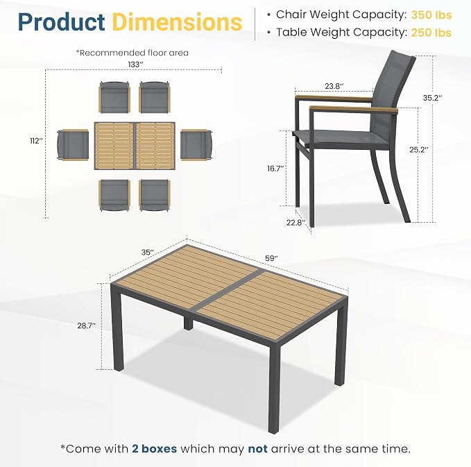 7-Pieces Aluminum Patio Table and Chairs for All-Weather, Patio Table Set with Heavy Duty HDPS Rectangular Table, Outdoor Patio Dining Furniture Set with Breathable Quick-Drying Textilene Chairs