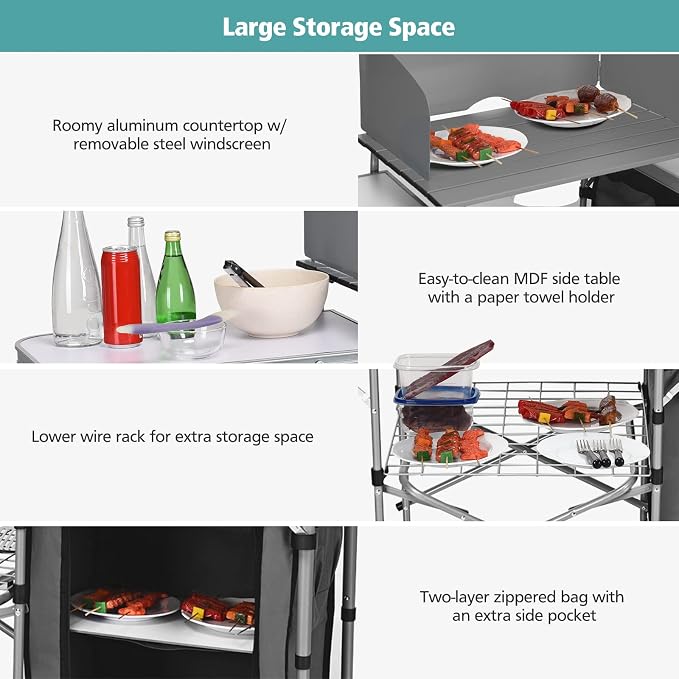 Goplus Camping Kitchen Table, Portable Outdoor Cooking Table with Storage, 26'' Tabletop, Detachable Windscreen, Camp Cook Station, Folding Grill Table for Tailgating BBQ Picnic Backyard Beach RV
