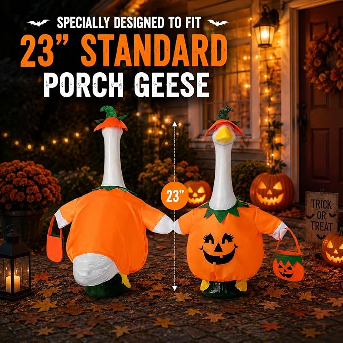 Halloween Porch Goose Outfits for 23'' Lawn Geese Statue, Pumpkin Porch Goose Outfit Costume with Witch Hat Candy Treat Bag, Outdoor Garden Goose Decor for Patio Yard Lawn Art Halloween Ornament