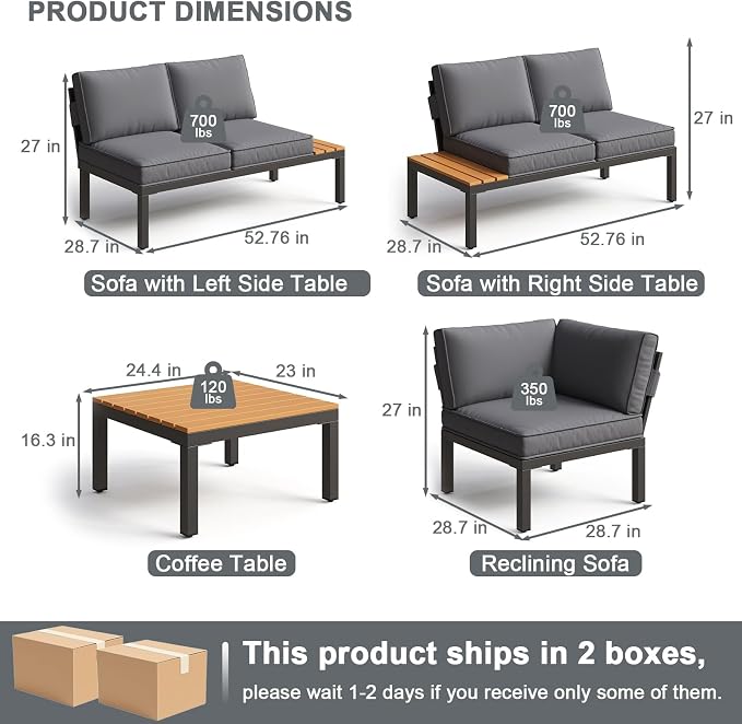 JOYURE 4-Piece Patio Furniture Set,Metal Outdoor Sectional Sofa with Fauxwood Tables &Adjustable Reclining Chair,Patio Modular L Shaped Sofa with Thick Cushions for Backyard,Deck,Balcony,Grey