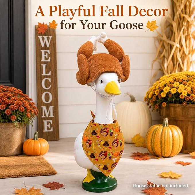 Thanksgiving turkey Porch Goose Outfit for 23"/17" Lawn Statue Yard Decor | Cute Porch Goose Fall Outfits with Turkey Hat Harvest Bandana Costume for Cement/Plastic Statues