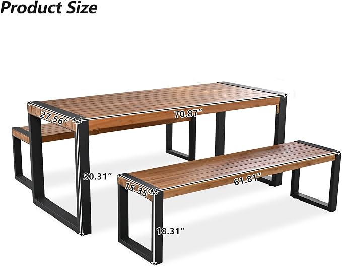 Merax 3 Pieces Acacia Wood Outdoor Dining Set, Patio Dining Table Sets with 2 Benches, Ideal for Backyard, Patio, Garden, Balcony, All Weather Resistant Use Furniture, Solid Steel Frame, Natural