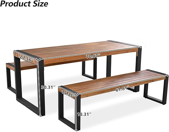 3 piece Outdoor Dining Table with 2 Benches, Space Saving Dining Room Table with Unique Top Texture, Acacia Wood Top & Steel Frame, All Weather Use for Outdoor & Indoor, Acacia Wood Color