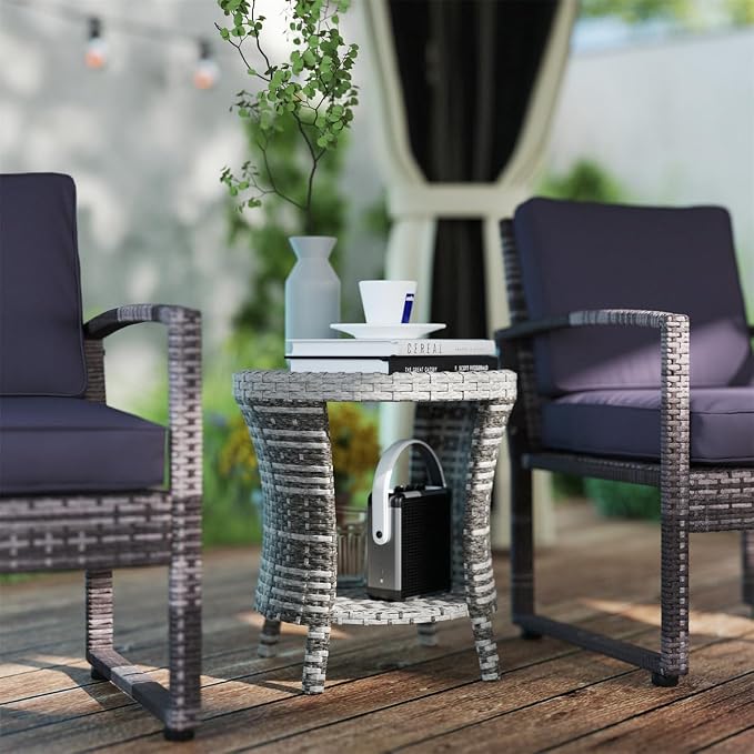 Outdoor Rattan Side Table with 2-Tier Storage, 18.1" Hourglass Shape Outdoor End Table, PE Wicker Bistro Coffee Table with Wood-Plastic Composite Top for Patio Garden Balcony, Light Gray