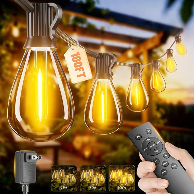 100FT Outdoor String Lights with Remote & Dimmable, 35+1 Shatterproof Waterproof Bulbs, Dimmable Outside Hanging Patio Lights for Backyard, Porch, Deck, Garden 2700K Warm White