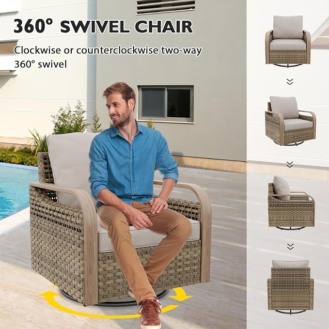EAGLE PEAK Modern Wicker Outdoor Patio Furniture Set, Patio Conversation Set, 2 Swivel Rocking Chairs, 2-Seat Loveseat and 2 Ottomans, 5 Pieces, Brown/Gray
