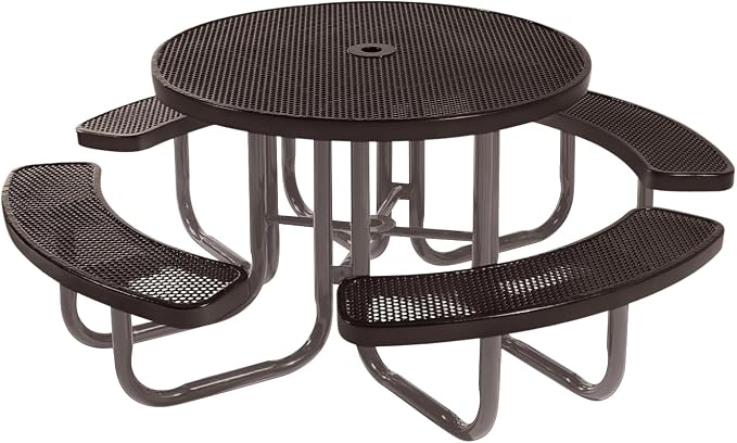 COATEDOUTDOORFURNITURE Heavy-Duty Portable Outdoor Picnic Table with Umbrella Hole, Punched Steel Commercial-Grade Patio Furniture Made in America (46" Round Top, Brown with Brown Frames)