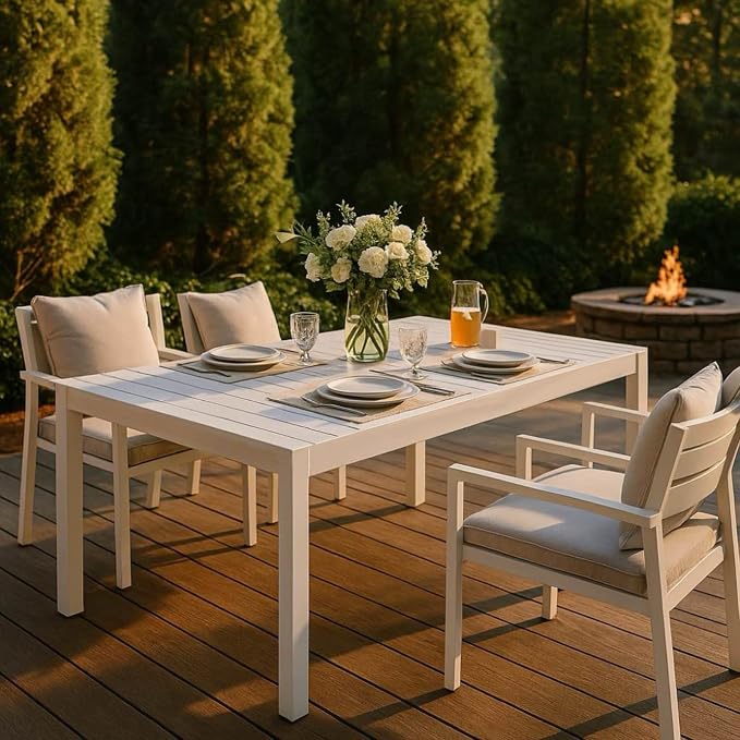 55 Inch White Modern Long Table, Indoor Outdoor Multi-Purpose Dining Table, Lightweight PP Tabletop with Metal Legs for Kitchen, Courtyard, Terrace Gatherings, Patio, Garden