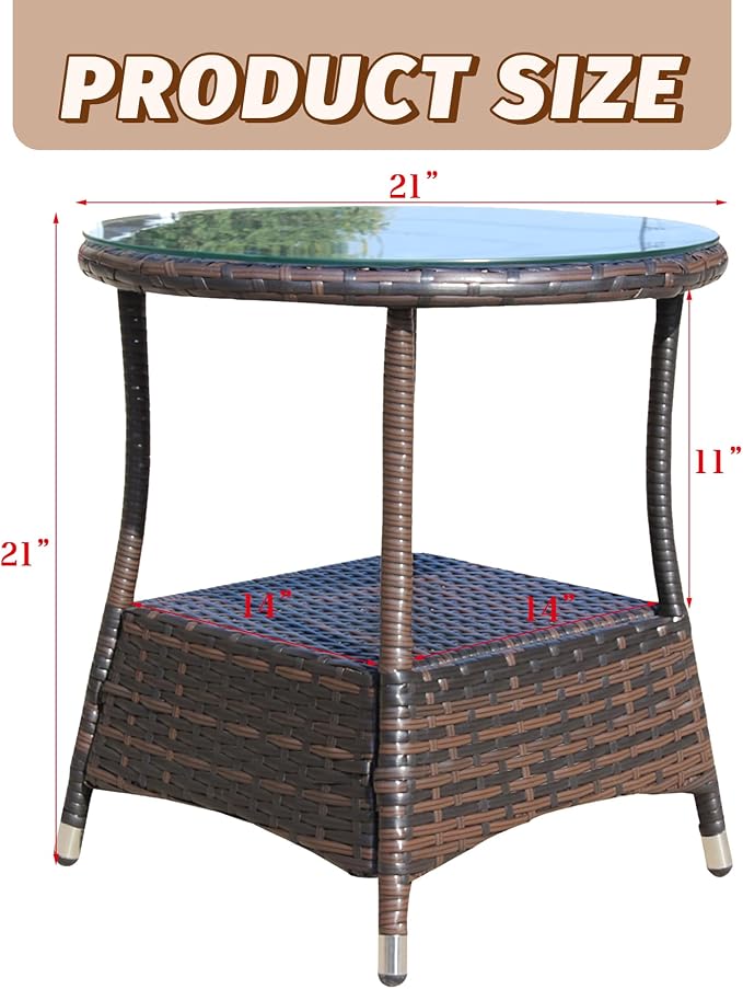 Outdoor Rattan Patio Side Tables, Wicker Table with Clear Tempered Glass Top, Patio End Tables with Storage Shelf, Outdoor Small Tables for Patio,Porch,Balcony,Backyard (Brown, 21.00 Inch)