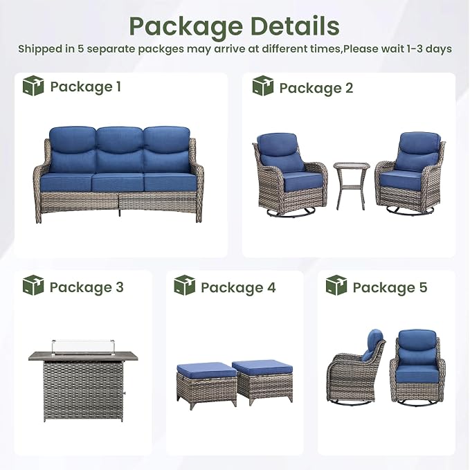 Luxury Patio Furniture Set with 6-inch Thick Cushion, Outdoor Furniture with Fire Pit Table, Swivel Chairs, Sofa, Side Table, Ottomans, 9pcs Wicker Conversation Set(Grey Wicker/Blue Cushion)