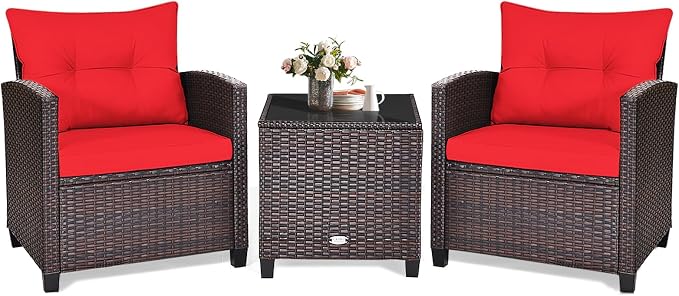 KOTEK 3 Piece Patio Furniture Set, Outdoor Conversation Set with Washable Cushions & Tempered Glass Tabletop, PE Rattan Wicker Bistro Set for Porch, Garden, Balcony (Red)