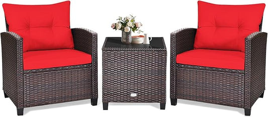 KOTEK 3 Piece Patio Furniture Set, Outdoor Conversation Set with Washable Cushions & Tempered Glass Tabletop, PE Rattan Wicker Bistro Set for Porch, Garden, Balcony (Red)