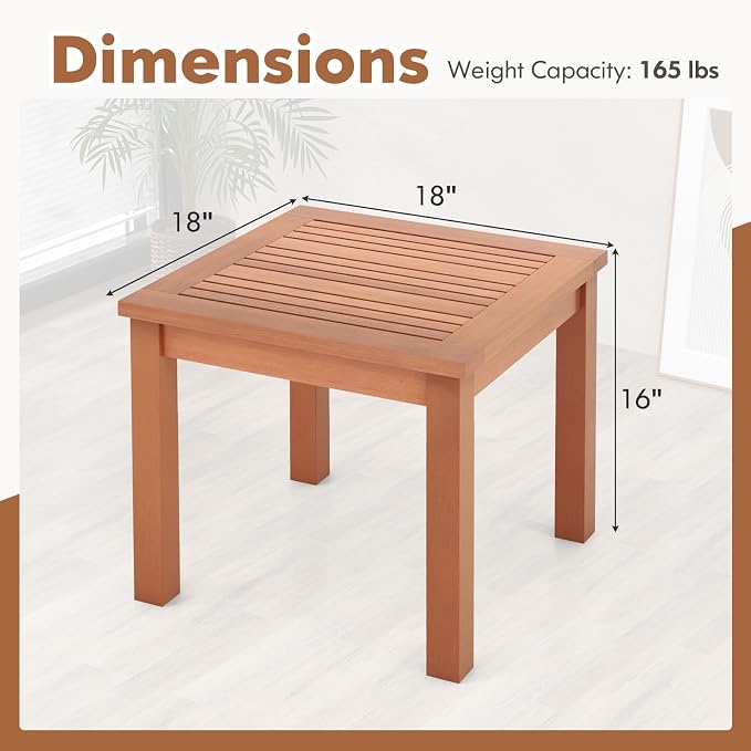 SlickBlue Square Adirondack Side Table 18 Inch Outdoor Eucalyptus Wood Slatted Tabletop
