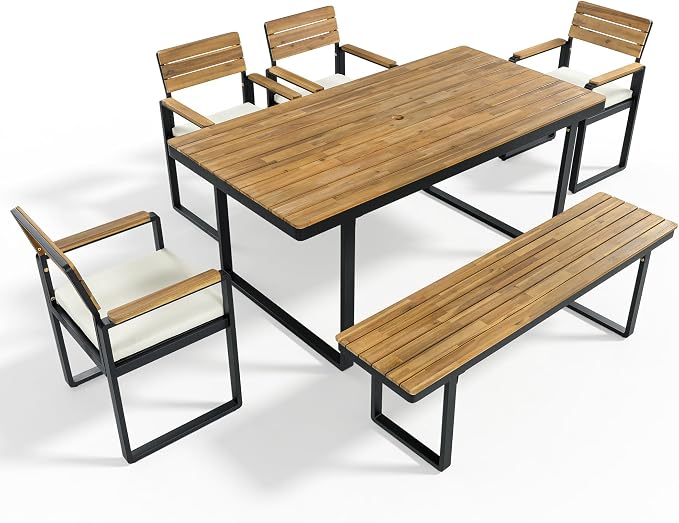 RUNNA Outdoor Dining Set, Acacia Wood,1 Table with 4 Chairs & 1 Bench for 6-7 Person,Comfortable Cushions on Chairs,Adjustable Feet, for Patio, Garden,Backyard Dining (Beige#55)