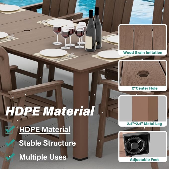 9 Piece Patio Dining Set for 8, HDPE Outdoor Furniture, Brown | 89.4” table,Heavy-duty 8 person patio set, high back eco-friendly HDPE, comfortable seating for large outdoor meals