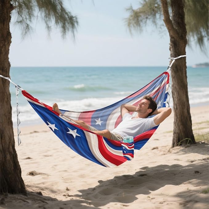 4th_July_Flags_Liquid_Pattern Outdoor Hammock Foldable Fabric Hammock for Patio Backyard Lounge Base
