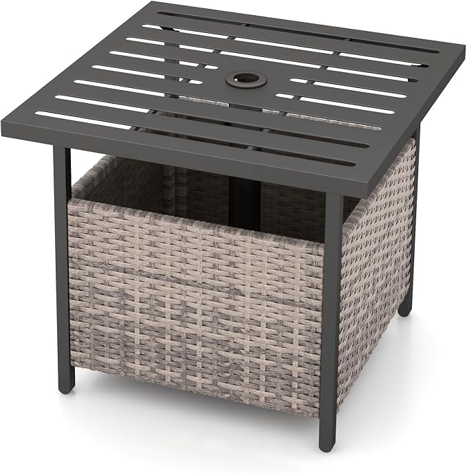 Giantex Outdoor Side Table with Umbrella Hole, 22" Wicker Umbrella Table with Stand and Base, Weather-Resistant PE Rattan Patio End Table for Deck Garden Poolside (Metal Tabletop, Light Gray)