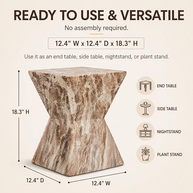 12.4" Concrete Side Table Outdoor, Modern Tree Stump Garden Stool,Faux Terrazzo Modern Small Squre Side Accent Table,Small Stone End Table for Balcony (Marble-12.4"-6)