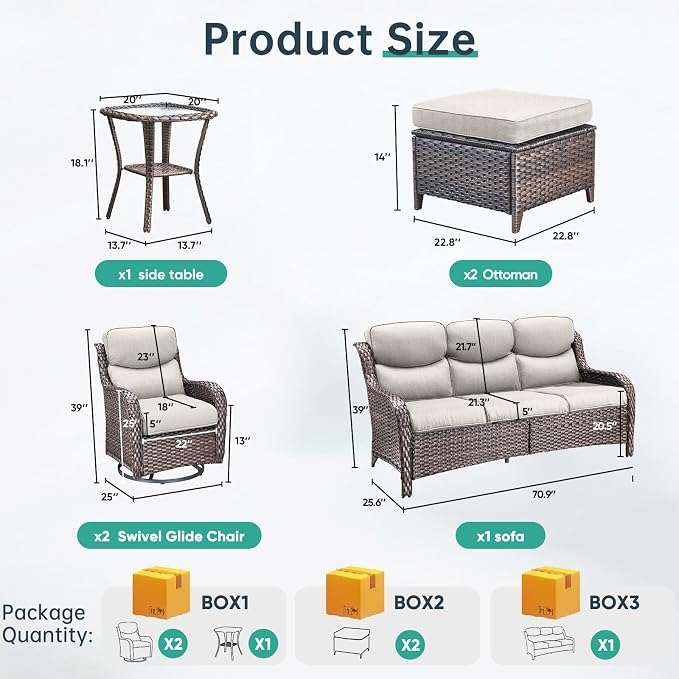Outdoor Swivel Rocker Patio Chairs Set of 6-5" Thick Cushion 6 Piece Furniture Set with Fire Pit Table All Weather Wicker Conversation Set for Porch Deck - Brown Wicker | Beige Cushions