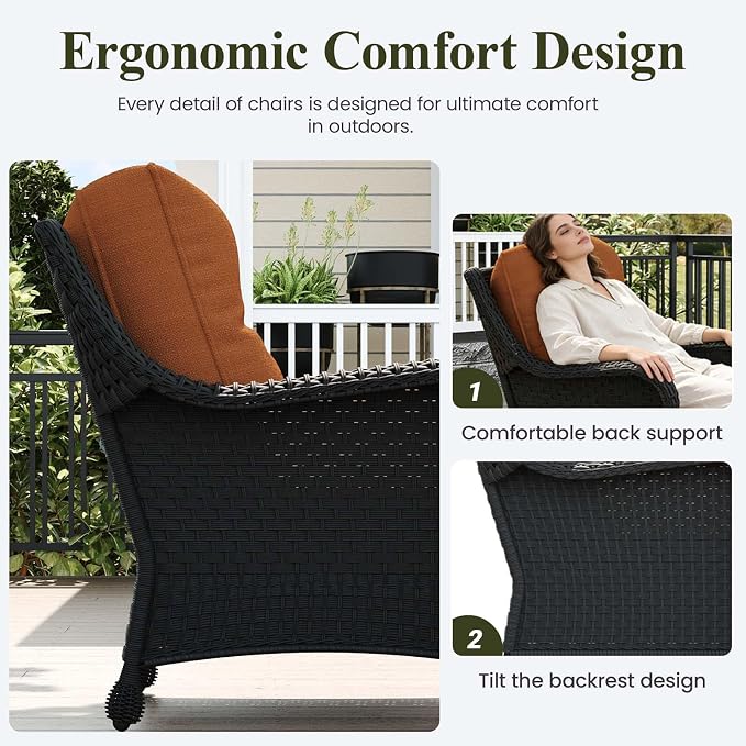 LayinSun 7 Piece Wicker Outdoor Furniture Set with 6-inch Comfy Cushions, High Back Patio Furniture Set with Rattan Armchairs and Fire Pit Table