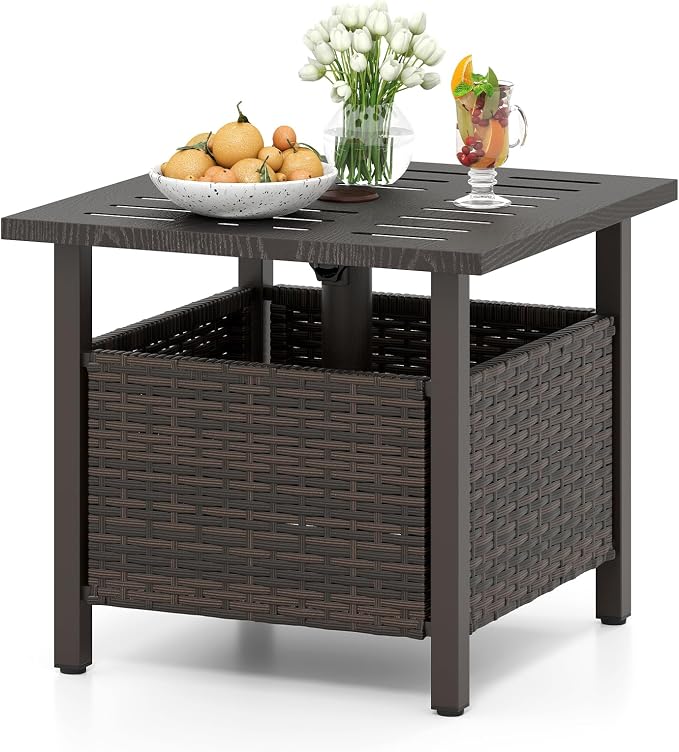 Tangkula Outdoor Side Table with 1.93" Umbrella Hole, All-Weather PE Wicker Patio Umbrella Table with Rustproof Frame for Garden, Deck and Poolside