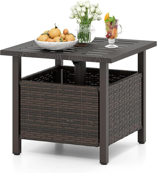 Tangkula Outdoor Side Table with 1.93" Umbrella Hole, All-Weather PE Wicker Patio Umbrella Table with Rustproof Frame for Garden, Deck and Poolside