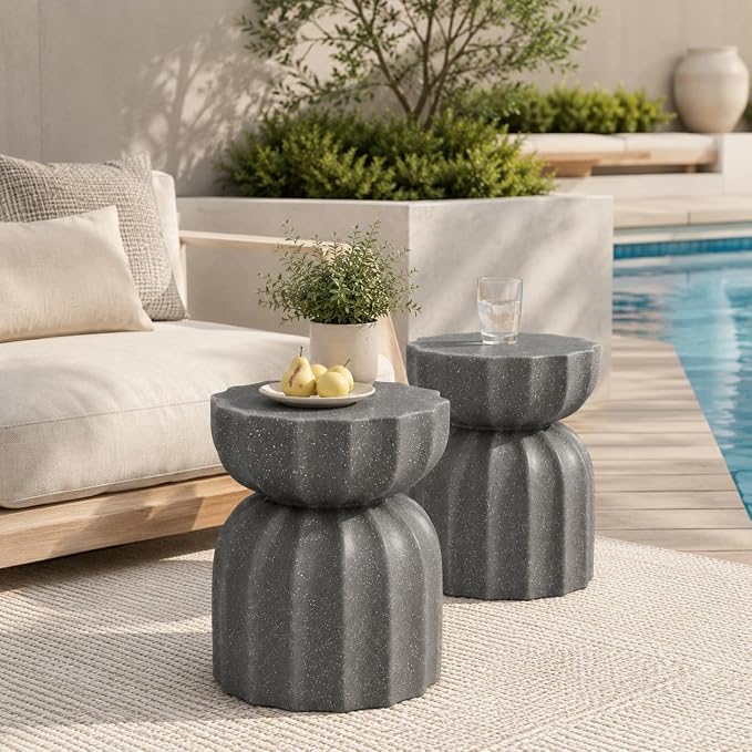 Concrete Outdoor Table Set of 2,13" Modern Round Stone Coffee Table,Waterproof Outdoor Side End Table for Patio Gardens, Backyards and Living Rooms (Gray-N, 13")