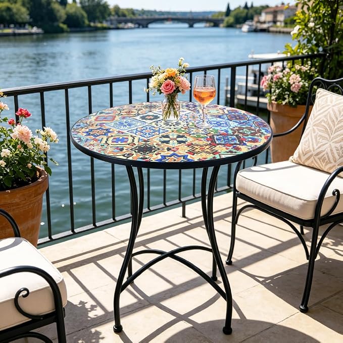 24 Inch Mosaic Patio Round Side Table with X-Curved Legs Indoor and Outdoor Accent End Table for Yard, Garden, Living Room, Bistro, B - Multicolor Talavera