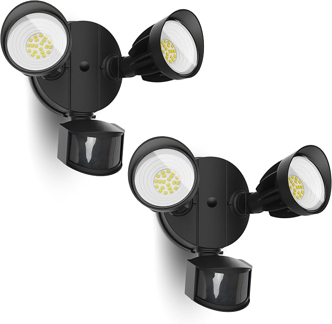 UME 2 Pack LED Security Light Motion Sensor Outdoor Lights, 27W 3500LM, 5000K, IP65 Waterproof, Dusk to Dawn, 2 Head Motion Detector Flood Light for Outside, Garage, Yard (Black)