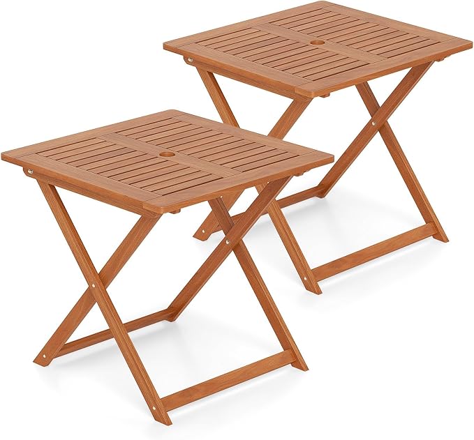 Byroce Outdoor Patio Table, 29.5” x 29.5” Folding Bistro Table with Slatted Tabletop & 2” Umbrella Hole, Solid Wood Outdoor Dining Table, Portable for Backyard, Poolside & Balcony (2, Square)