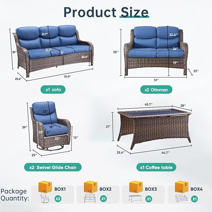 Outdoor Swivel Rocker Patio Chairs Set of 7 with 5" Thick Cushions,7 Piece Furniture Set with Fire Pit Table All Weather Wicker Conversation Set for Porch Deck - Gery Wicker | Blue Cushions