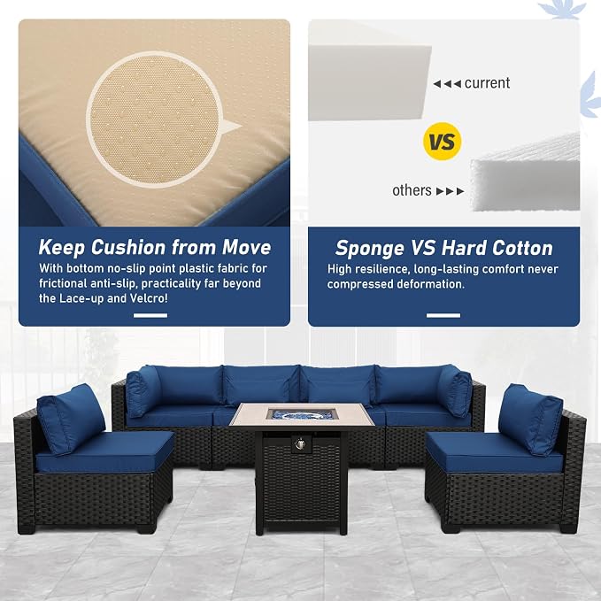 Lviden 7 Pieces Outdoor PE Wicker Furniture Set Patio Rattan Sectional Conversation Sofa Set with Non-Slip Cushions and Fire Pit Table, Navy Blue