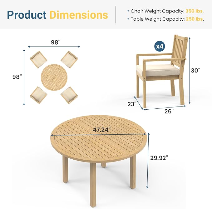 Wisteria Lane 5-Pieces Acacia Patio Table and Chairs Set for 4, Outdoor Dining Set with Table, Modern Patio Table Set with Cushion, Patio Furniture Set for Backyard Deck Garden Porch, Brown