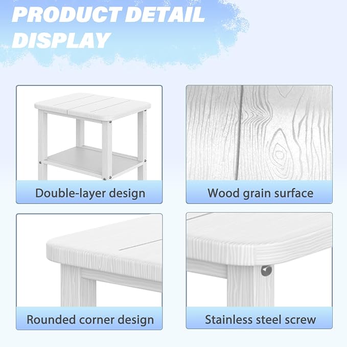 Ayge 17.7" Double Outdoor Side Table, Rectangular HDPE Adirondack End Table for Patio, Lawn, Pool, Garden, Backyard，White