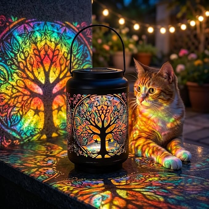 Tree of Life Solar Lantern Outdoor, Decorative Metal Solar Hanging Light with Colorful Light Pattern, Waterproof Garden Lantern for Patio, Yard, Porch, Balcony, Gifts for Women Mom Grandma