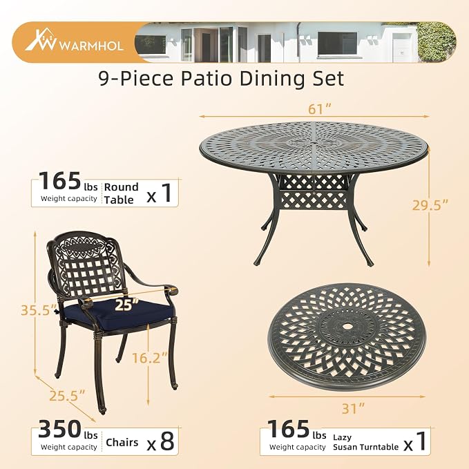 9-Piece Patio Furniture Dining Set, All Weather Cast Aluminum Outdoor Conversation Set- 61" Round Patio Dining Table with Detachable Lazy Susan & 8 Chairs, 2" Umbrella Hole, Navy Blue