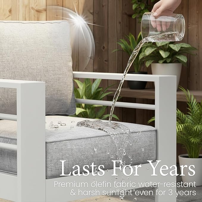 LayinSun Aluminum Furniture Set with Fire Pit Table, 4 Pieces Patio Sectional Conversation Chat Sofa Modern Seating Set