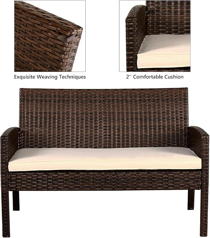 Tangkula Brown 4PCS Patio Rattan Furniture Converstation Set