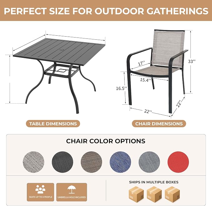 Anmutig 5 Pieces Patio Dining Set, Outdoor Furniture Set Includes 1 Square Patio Table and 4 Stackable Patio Chairs, Outdoor Table and Grey Chairs for Garden Backyard Deck