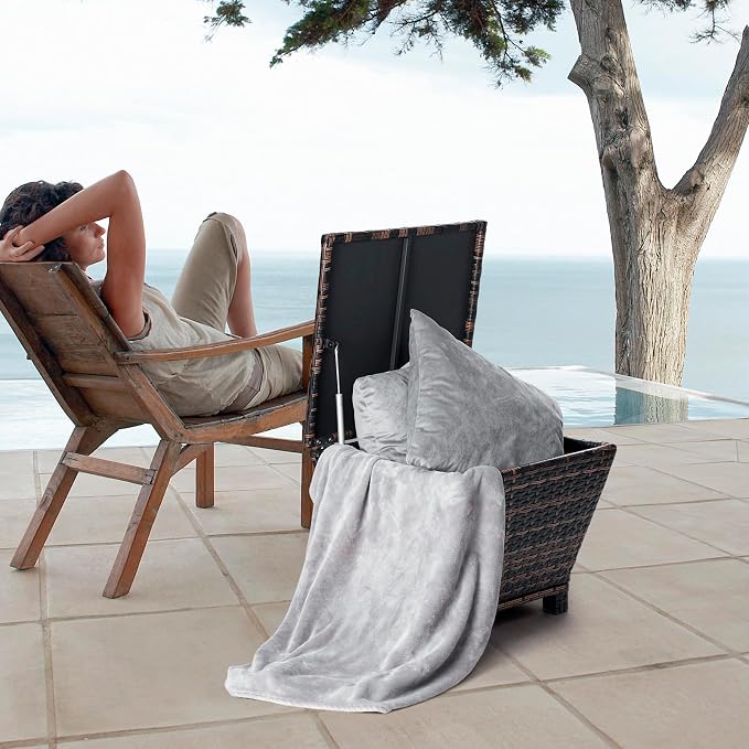 20in Outdoor PE Wicker Side Table,Trapezoidal Patio Rattan End Table,Outside Storage Bin Container,All-Weather Small Storage Box Tables,with Lid,for Garden Porch Poolside Deck Backyard (Brown)