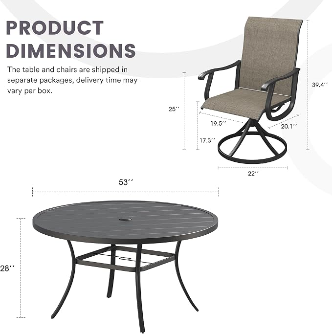 7 Pieces Patio Furniture Dining Set, 6 Textilene Swivel Dining Chairs, 53" Outdoor Round Metal Table with 1.57" Umbrella Hole, Outdoor Dining Set for Porch, Lawn, Garden, Black/Brown