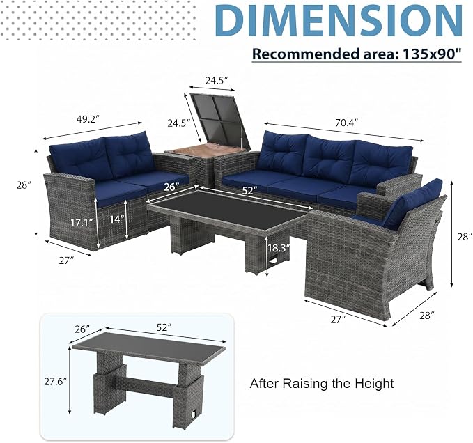 JOIVI 8 Pieces Outdoor Patio Furniture Set with Height-Adjustable Lifting Dining Table, Wicker Sectional Furniture Sofa Set with Storage Box, Patio Conversation Set for Backyard, Deck, Navy Blue