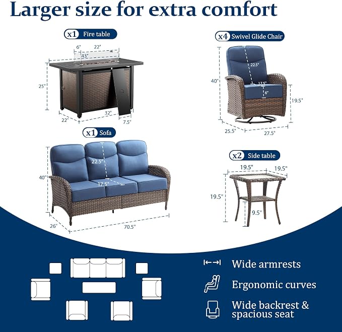Outdoor Swivel Rocking Chair Patio Set (8pcs) High-Back - Thick Cushion Swivel Rocking Chair Patio with Fire Table Set, All-Weather Wicker Patio Furniture Set, Suitable for Balcony Patios, Brown/Blue