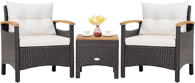 Tangkula 3-Piece Patio Furniture Set, Patiojoy Outdoor Rattan Sofa Set with Coffee Table, Patio Conversation Set with Removable Cushion, Cozy Acacia Wood Armrests for Backyard, Poolside (Off White)